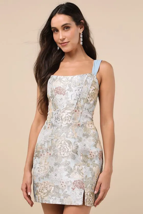 Captivating Personality Light Blue Jacquard Bustier Mini Dress sold by Lulus