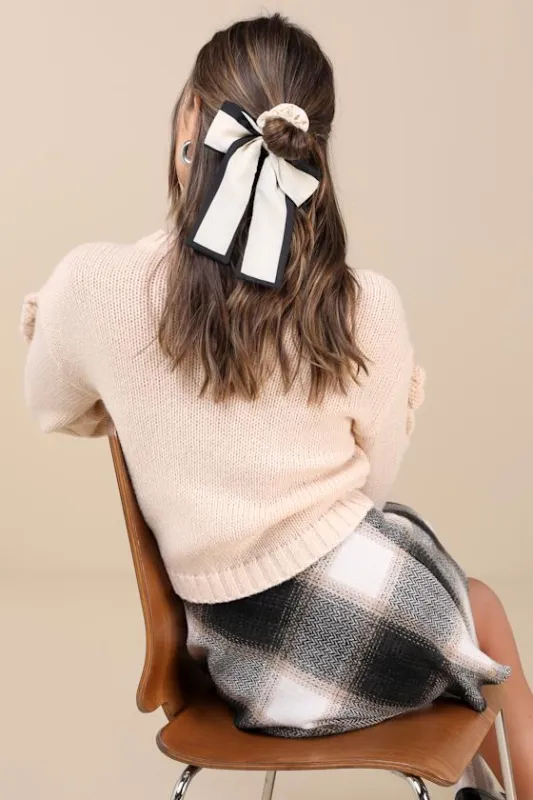 Poised Finish Ivory and Black Contrast Bow Scrunchie sold by Lulus