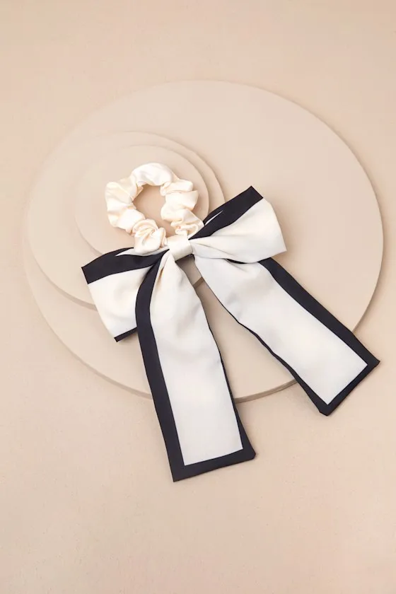 Poised Finish Ivory and Black Contrast Bow Scrunchie sold by Lulus product image thumbnail 2