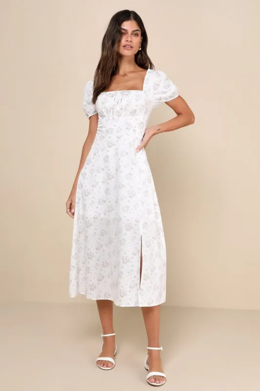 Darling Appeal White Floral Puff Sleeve Empire Waist Midi Dress sold by Lulus