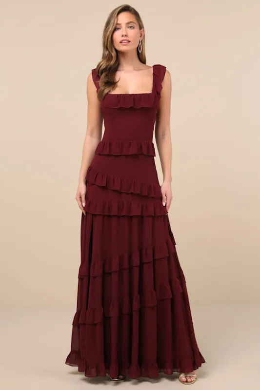 Compelling Romantic Burgundy Ruffled Tiered Maxi Dress sold by Lulus