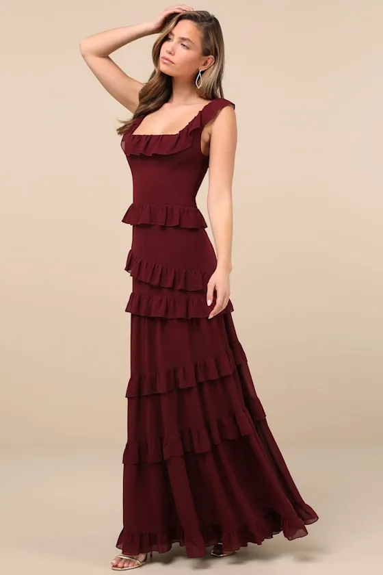 Compelling Romantic Burgundy Ruffled Tiered Maxi Dress sold by Lulus product image thumbnail 3