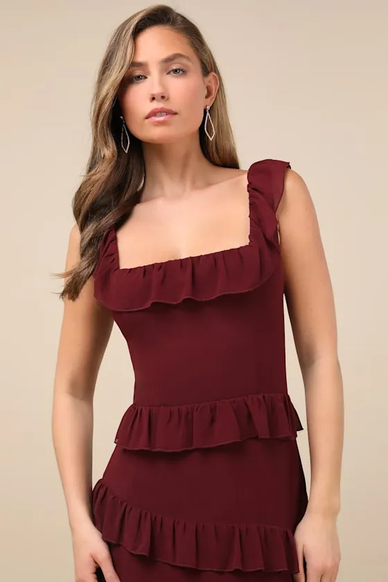 Compelling Romantic Burgundy Ruffled Tiered Maxi Dress sold by Lulus product image thumbnail 4