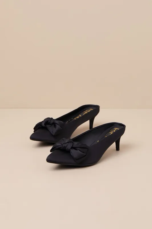 Bow Black Satin Kitten Heel Mule Pumps made by Lulus