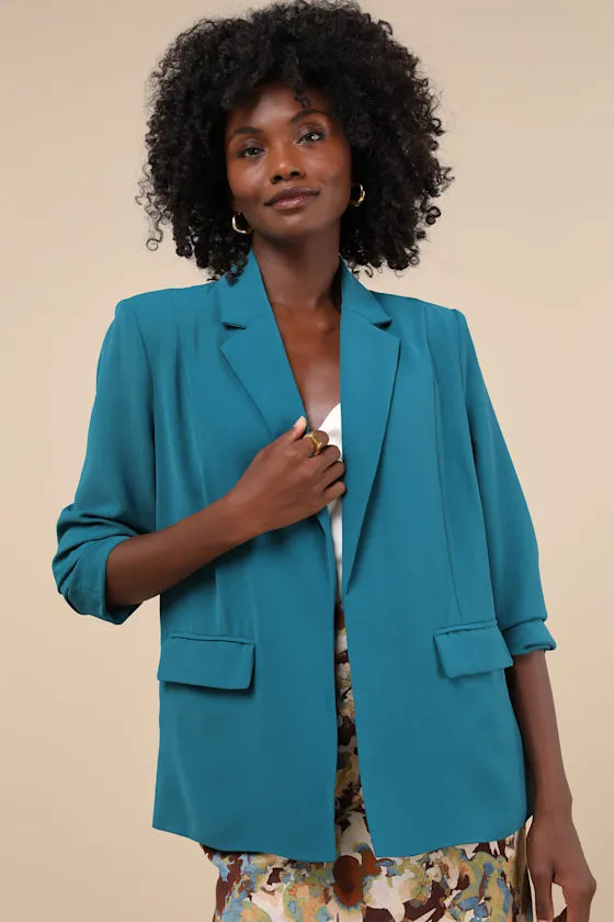 Payton Teal Blue Open-Front Blazer sold by Lulus