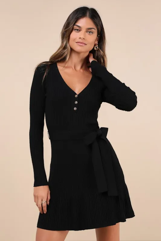 Cozy Poise Black Henley Long Sleeve Mini Sweater Dress sold by Lulus