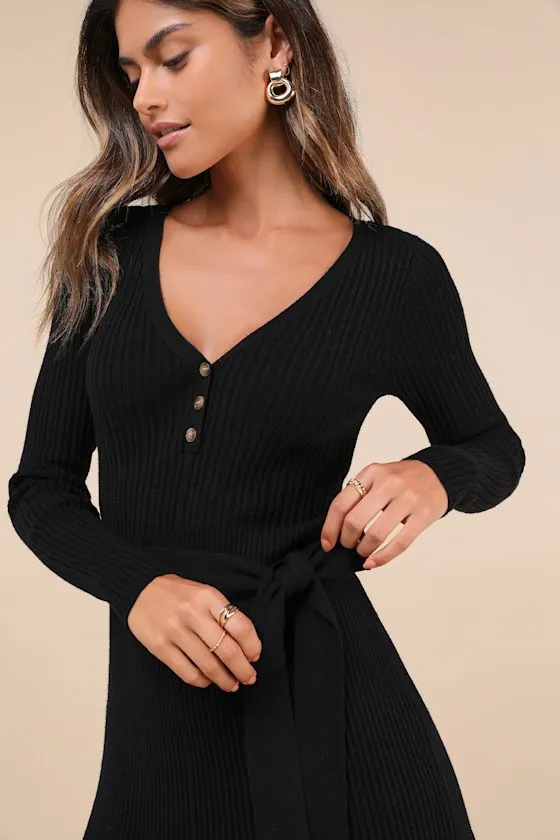 Cozy Poise Black Henley Long Sleeve Mini Sweater Dress sold by Lulus product image thumbnail 3