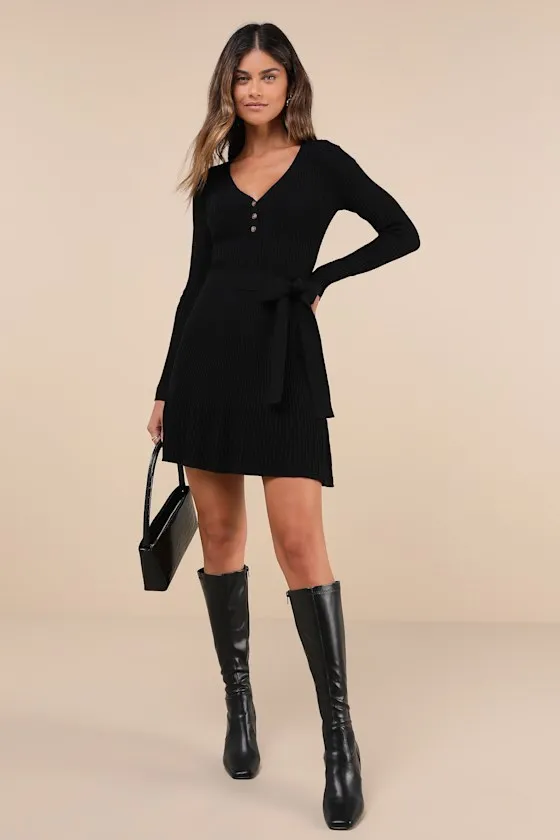 Cozy Poise Black Henley Long Sleeve Mini Sweater Dress sold by Lulus product image thumbnail 4