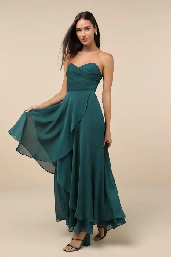 Revered Elegance Emerald Green Pleated Strapless Maxi Dress sold by Lulus