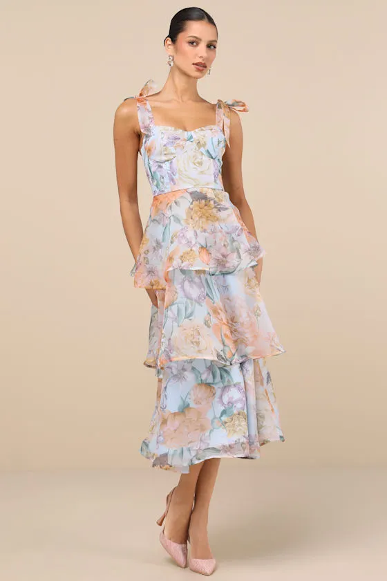 Playfully Posh Blue Floral Organza Tie-Strap Tiered Midi Dress sold by Lulus