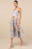 Playfully Posh Blue Floral Organza Tie-Strap Tiered Midi Dress sold by Lulus