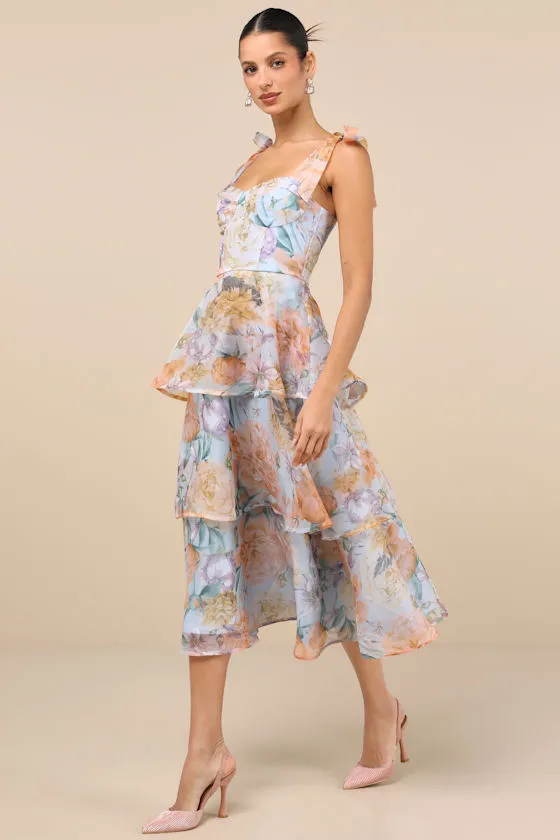Playfully Posh Blue Floral Organza Tie-Strap Tiered Midi Dress sold by Lulus product image thumbnail 2