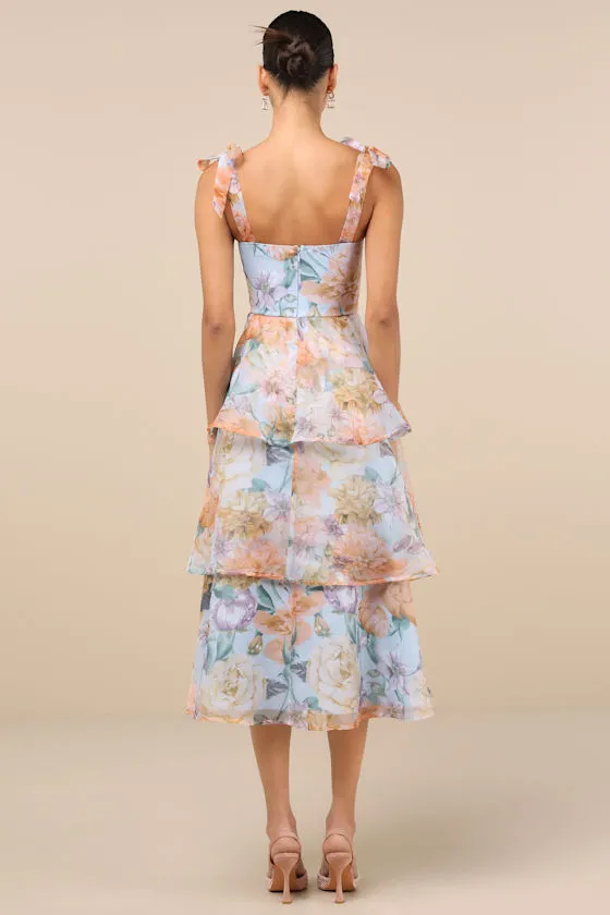 Playfully Posh Blue Floral Organza Tie-Strap Tiered Midi Dress sold by Lulus product image thumbnail 3