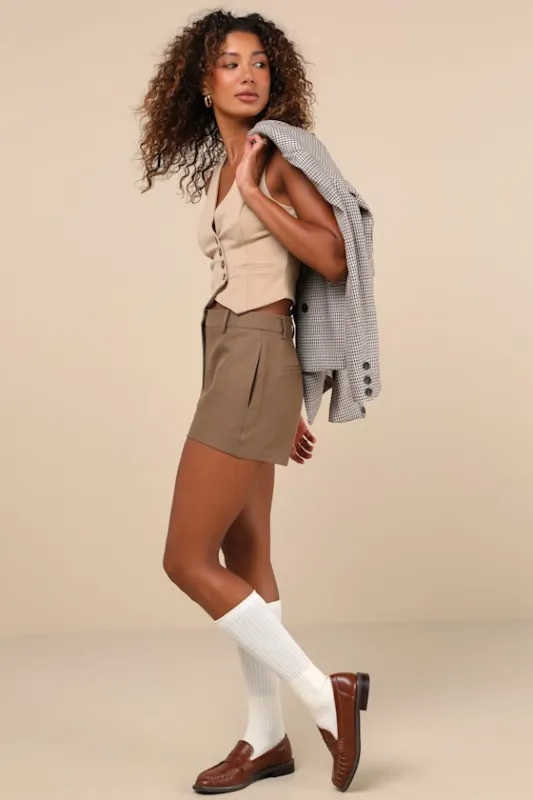 Wynn Brown Twill High-Rise Shorts sold by Lulus