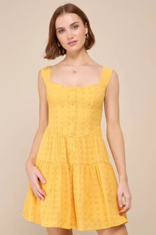 Profound Sweetness Marigold Yellow Eyelet Bustier Mini Dress sold by Lulus