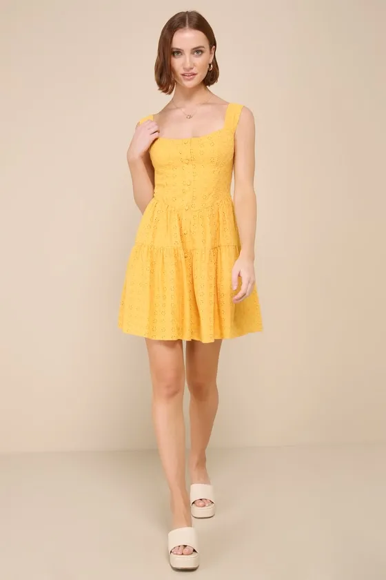 Profound Sweetness Marigold Yellow Eyelet Bustier Mini Dress sold by Lulus product image thumbnail 2