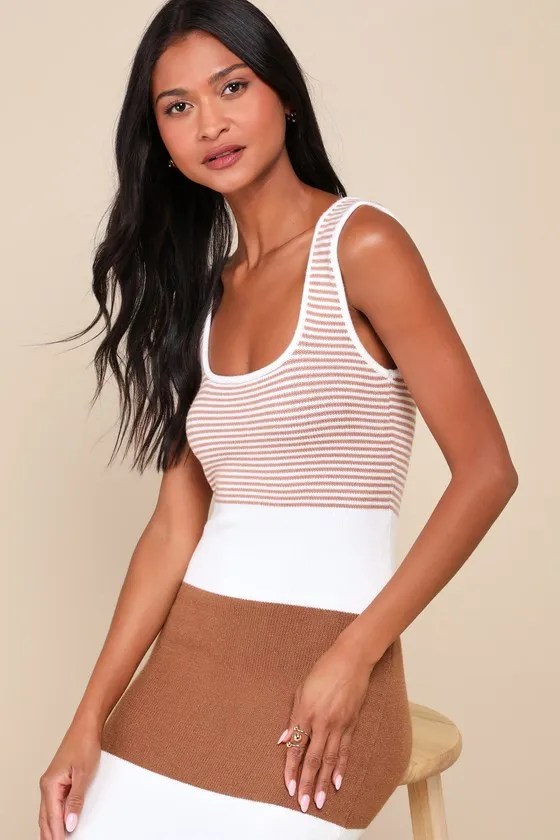 Easily Gorgeous Ivory and Brown Striped Midi Sweater Dress sold by Lulus product image thumbnail 4