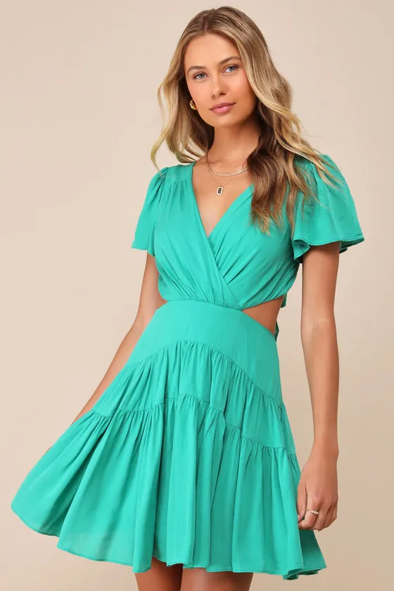 Feeling the Sunshine Green Tie-Back Flutter Sleeve Mini Dress sold by Lulus