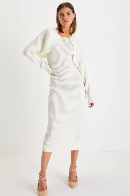 Aesthetic Season Ivory Ribbed Two-Piece Dress & Cardigan Set sold by Lulus