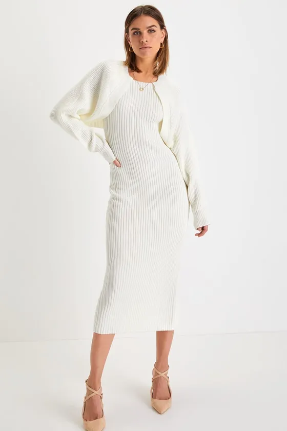 Aesthetic Season Ivory Ribbed Two-Piece Dress & Cardigan Set sold by Lulus