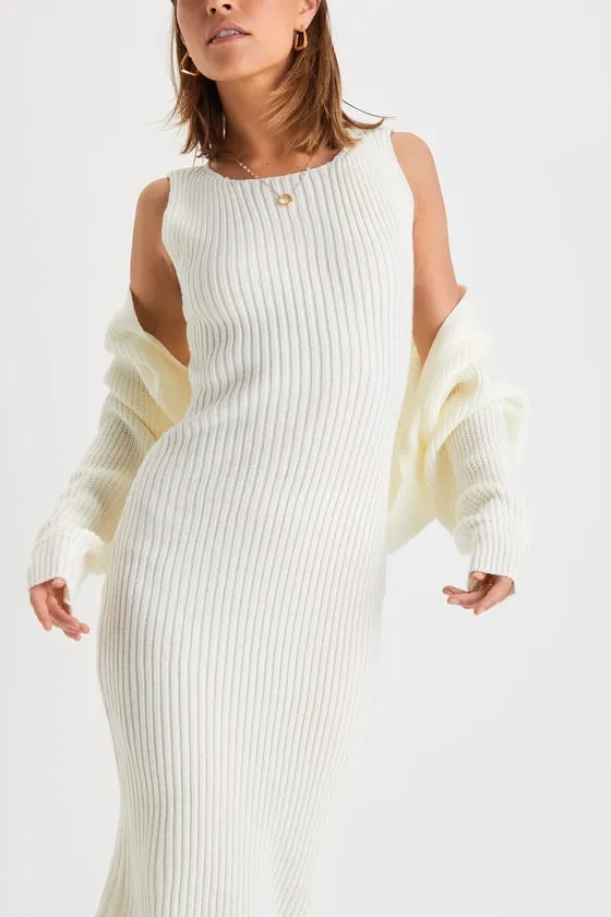Aesthetic Season Ivory Ribbed Two-Piece Dress & Cardigan Set sold by Lulus product image thumbnail 4