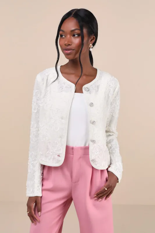 Sophisticated Confidence Ivory Lace Pearl Braid Trim Jacket sold by Lulus