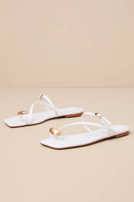 Elysa White Leather Strappy Slide Flat Sandals sold by Lulus