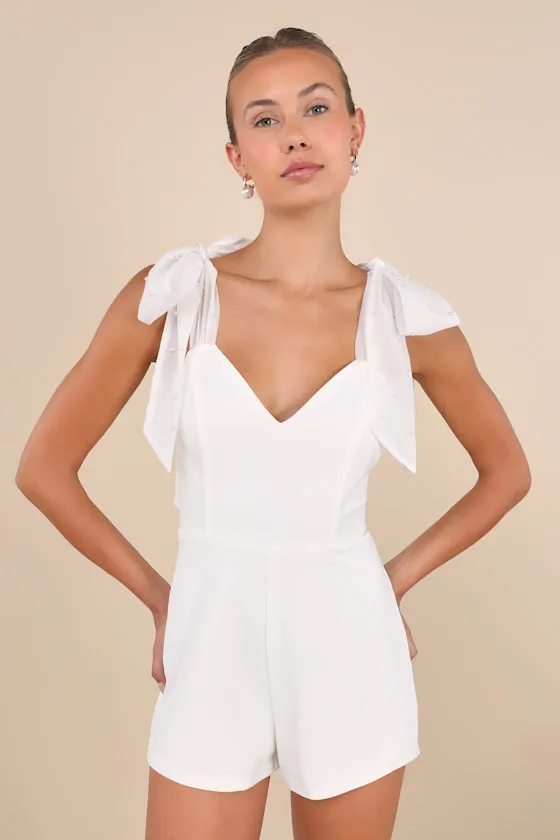 Certainly Aglow White Organza Pearl Tie-Strap V-Neck Romper sold by Lulus