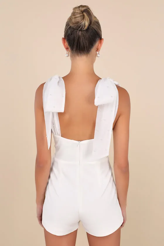 Certainly Aglow White Organza Pearl Tie-Strap V-Neck Romper sold by Lulus product image thumbnail 2