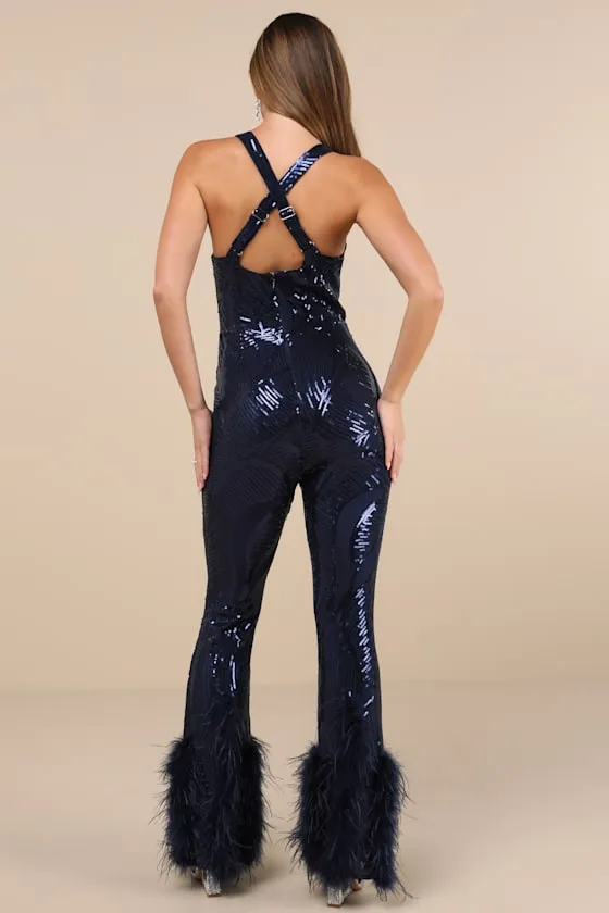 Dazzling Skill Navy Sequin Feather Hem Jumpsuit sold by Lulus product image thumbnail 2