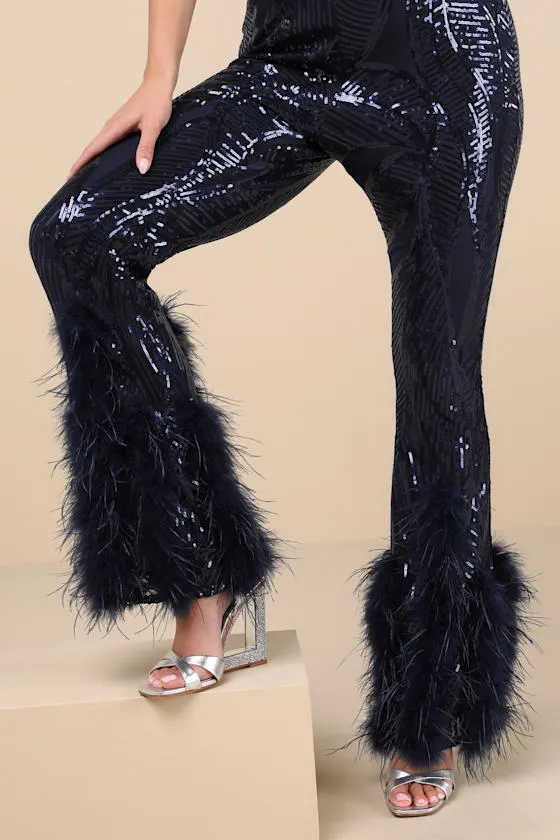 Dazzling Skill Navy Sequin Feather Hem Jumpsuit sold by Lulus product image thumbnail 3