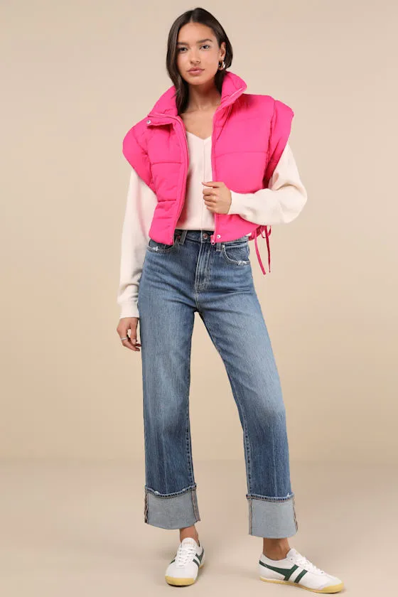 Wintertime Crush Hot Pink Quilted Cropped Side-Tie Puffer Vest sold by Lulus product image thumbnail 3