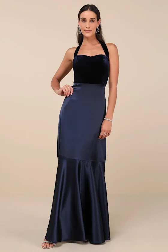 Mesmerizing Impression Navy Blue Mixed Media Halter Maxi Dress sold by Lulus