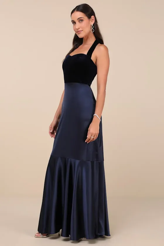 Mesmerizing Impression Navy Blue Mixed Media Halter Maxi Dress sold by Lulus product image thumbnail 2