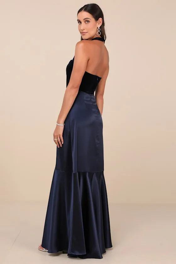 Mesmerizing Impression Navy Blue Mixed Media Halter Maxi Dress sold by Lulus product image thumbnail 3