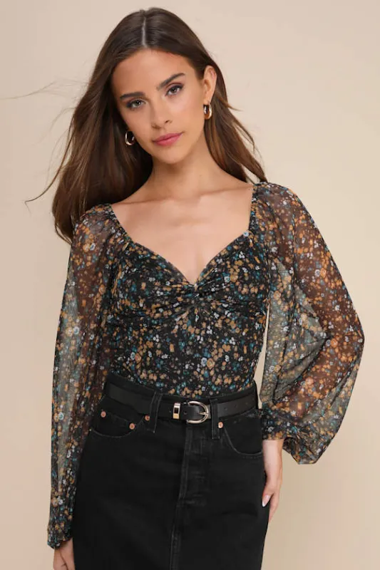 Sweet Beauty Black Floral Print Knot-Front Bodysuit sold by Lulus