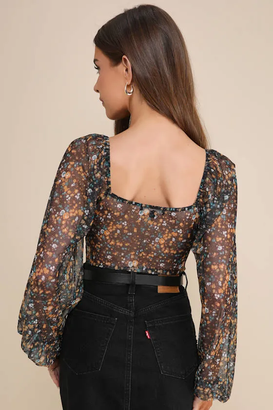 Sweet Beauty Black Floral Print Knot-Front Bodysuit sold by Lulus product image thumbnail 2