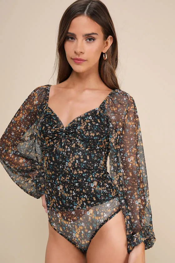 Sweet Beauty Black Floral Print Knot-Front Bodysuit sold by Lulus product image thumbnail 4