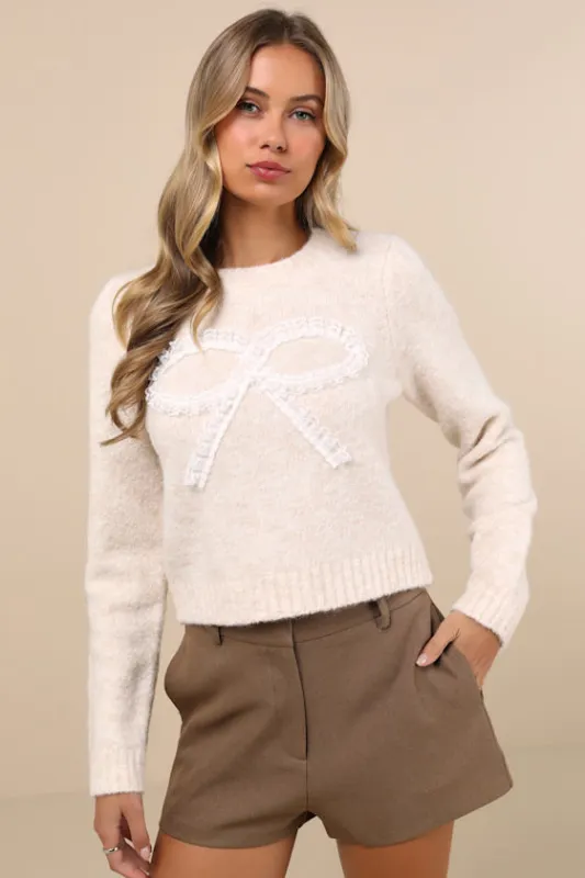 Remarkable Delight Cream Lace Bow Pullover Sweater made by Lulus