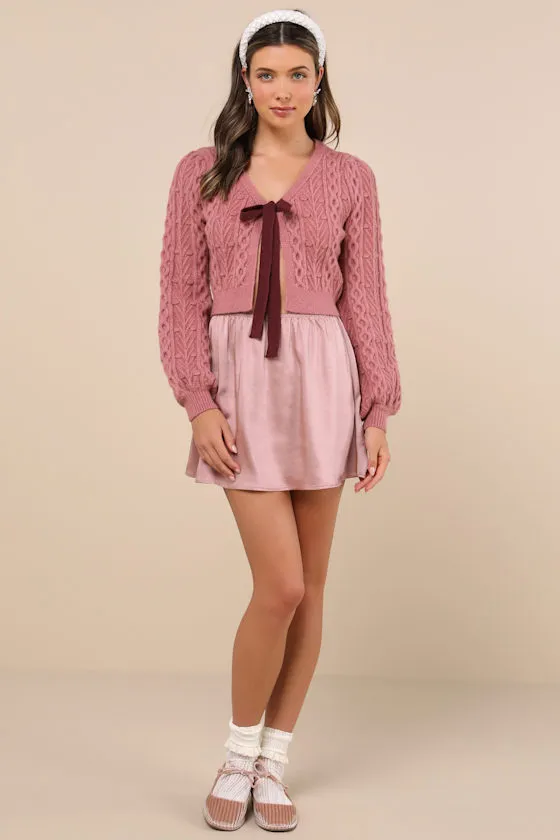 Expert Cutie Dusty Rose Cable Knit Tie-Front Cardigan Sweater sold by Lulus product image thumbnail 3