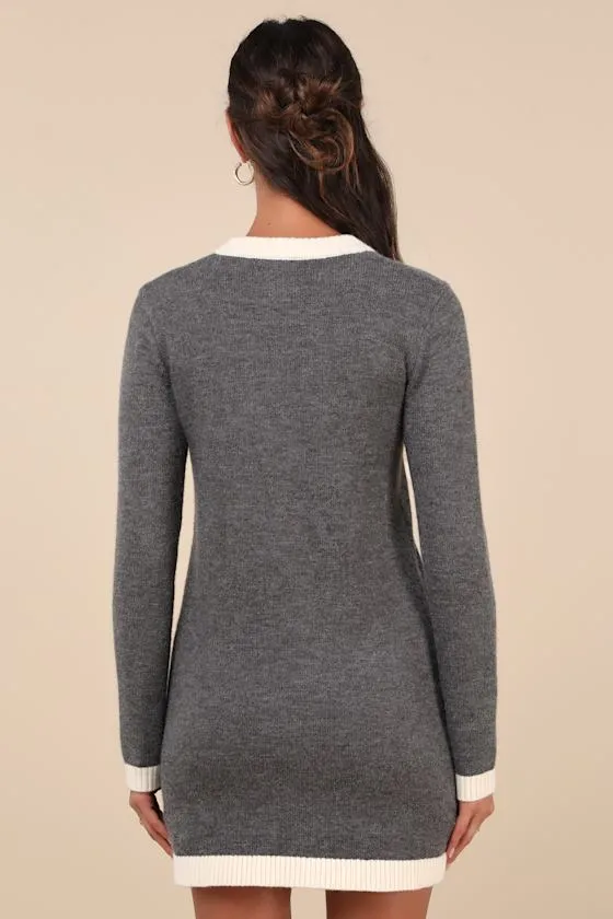 Sophisticatedly Cozy Grey and Ivory Button-Up Sweater Mini Dress sold by Lulus product image thumbnail 3