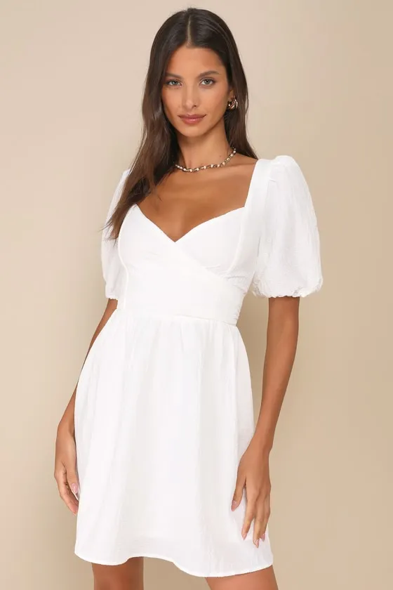 Little Bit In Love White Surplice Puff Sleeve Mini Dress sold by Lulus
