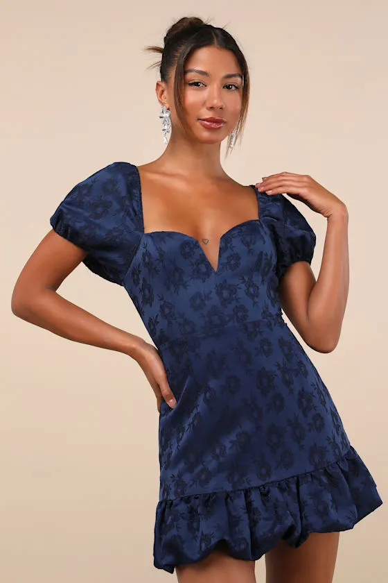 Exceedingly Delightful Navy Blue Jacquard Puff Sleeve Mini Dress sold by Lulus