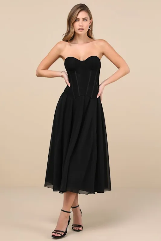 Truest Sensation Black Lace Bustier Midi Dress sold by Lulus