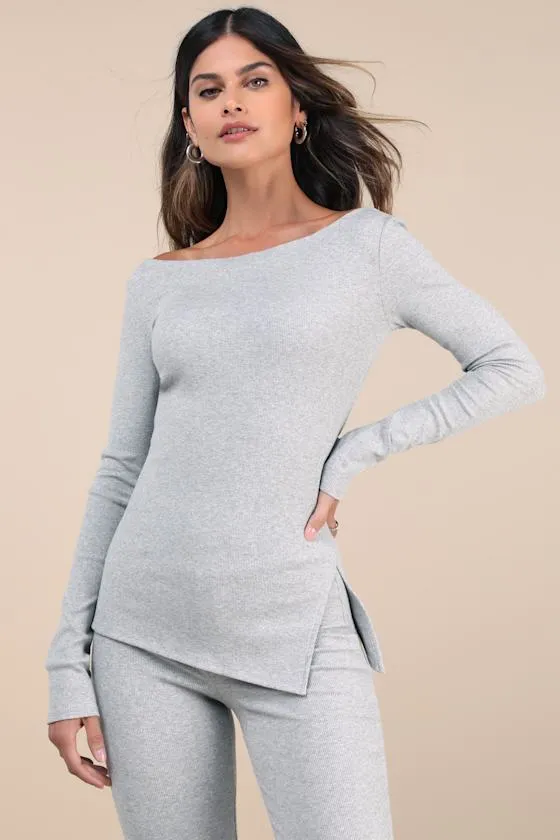 Talia Heather Grey Ribbed Long Sleeve Top sold by Lulus product image thumbnail 2