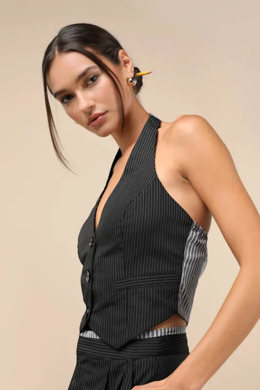 Exceeding Poise Black Pinstriped Halter Vest sold by Lulus