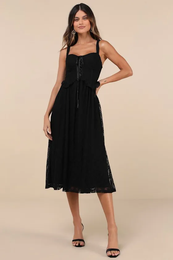 Romantic Option Black Lace Sleeveless Lace-Up Corset Midi Dress sold by Lulus