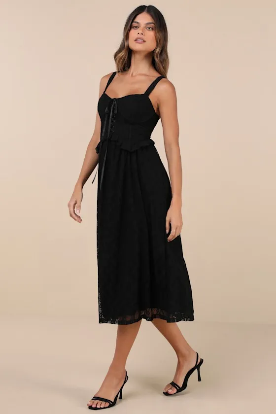 Romantic Option Black Lace Sleeveless Lace-Up Corset Midi Dress sold by Lulus product image thumbnail 2