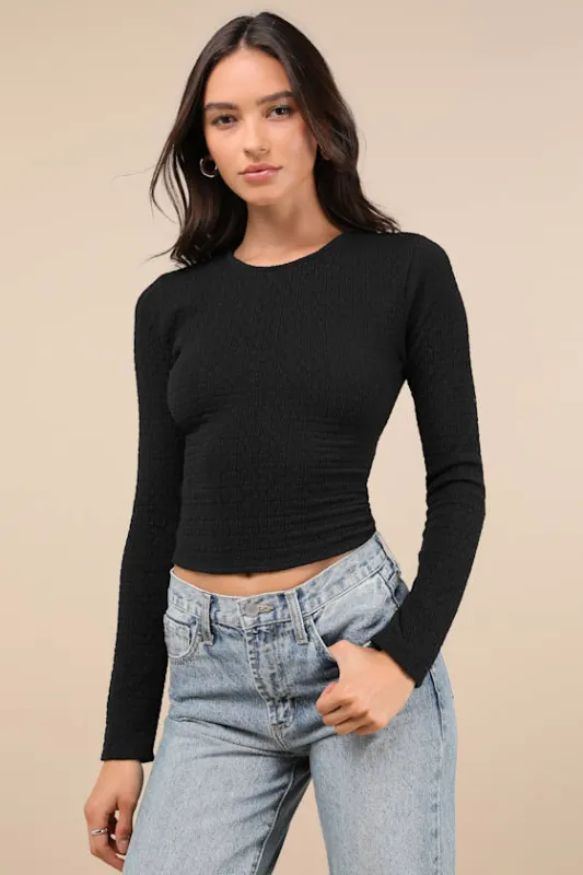 Iconic Composure Black Textured Twist-Back Long Sleeve Top sold by Lulus