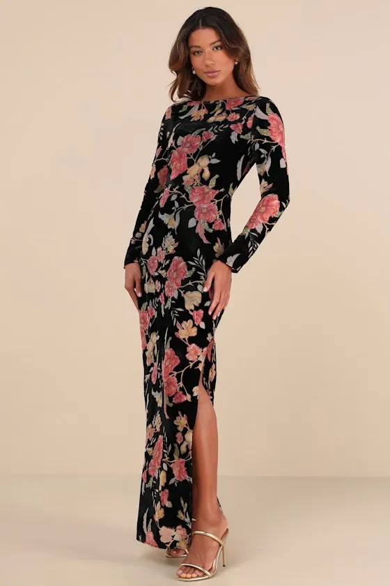 Glorious Aura Black Velvet Floral Burnout Long Sleeve Maxi Dress sold by Lulus